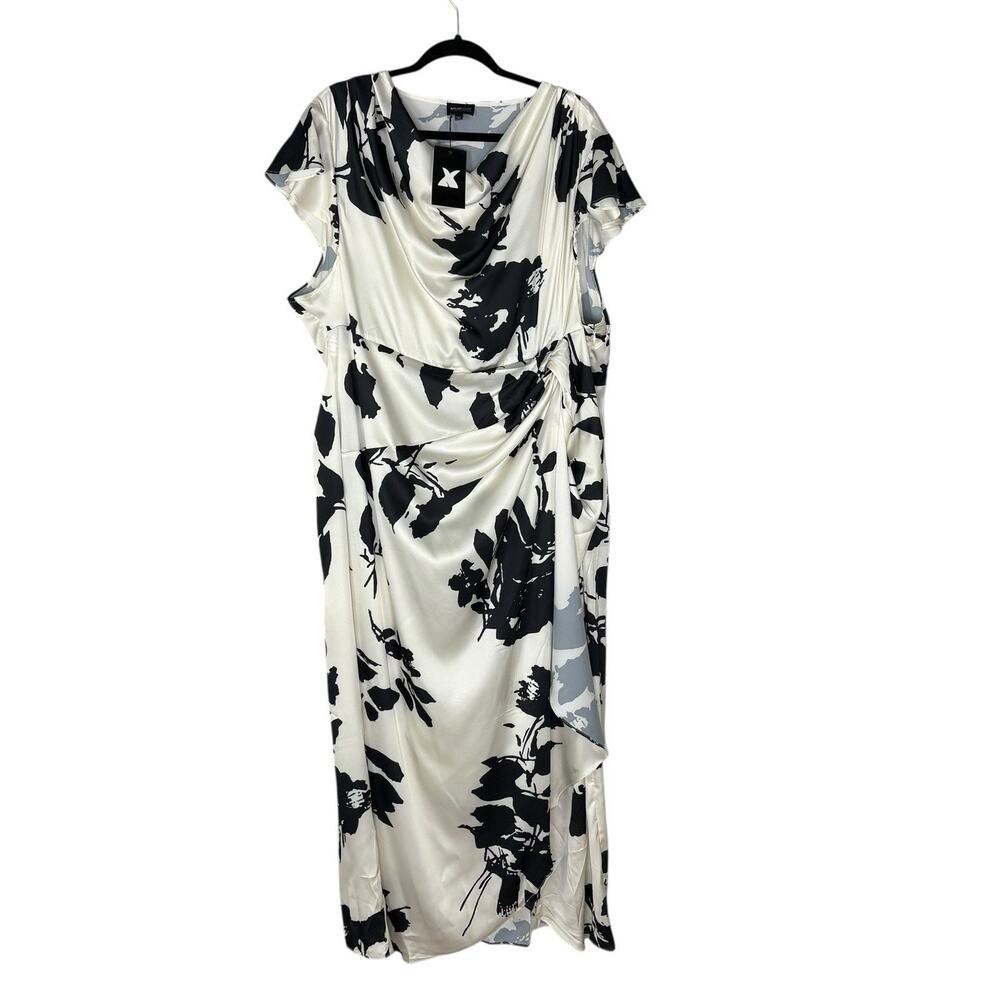 NWT XPlus Wear Maxi Dress Faux Wrap Satin Abstract Cowl Neck Ivory Black Sz 3XL